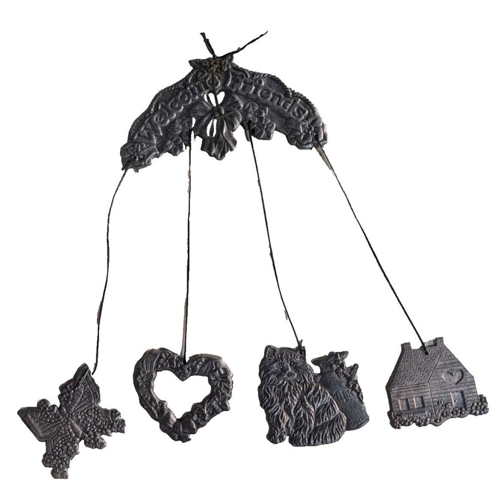 Carson "Welcome Friends" Windchimes 1992 Cat Butterfly Home Heart Pewter Vintage